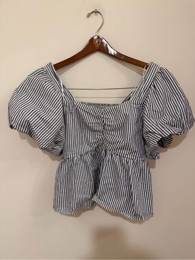 Old Navy Navy and White Striped Puff-Sleeve Peplum Blouse Size S
